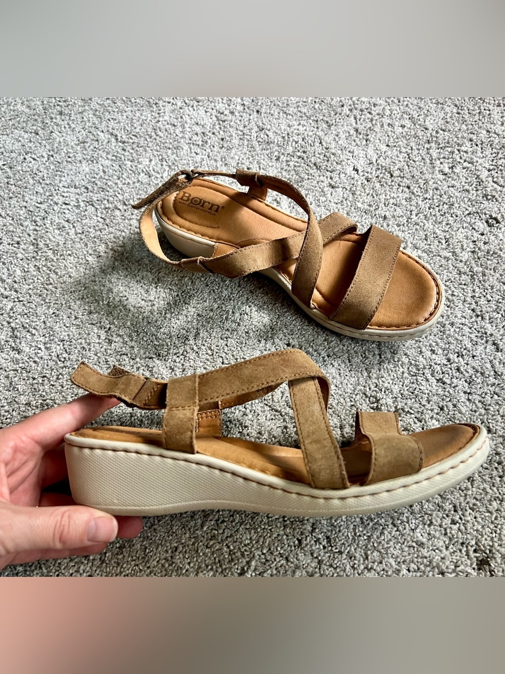 Born Idella Women's Size 8 Tan Leather Wedges Strappy Slingback Sandals
